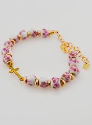 Bracelet Avec Croix Grains Céramique- Rose