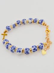 Bracelet Avec Croix & Grains Céramique - Bleu