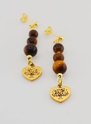 Boucles d'Oreilles Arbre de Vie en Oeil de Tigre - Doré