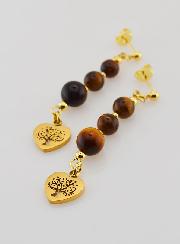 Boucles d'Oreilles Arbre de Vie en Oeil de Tigre - Doré