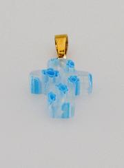 Pendentif Croix en Verre Artisanale - Blanc & Bleu