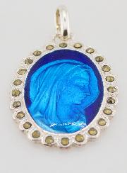 Médaille Sainte Vierge Marie en Argent et Email Bleu - 30mm