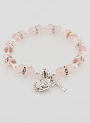Bracelet Chapelet Cristal Rose + Médaille de Lourdes + Croix