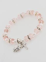 Bracelet Chapelet Cristal Rose + Médaille de Lourdes + Croix