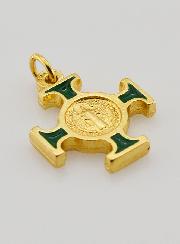 Pendentif Croix de Saint Benoit Dorée - Verte - 2cm