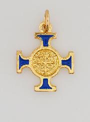 Pendentif Croix de Saint Benoit Dorée - Bleue - 2cm