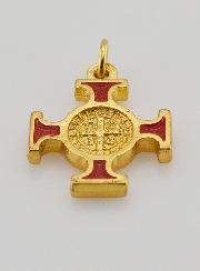 Pendentif Croix de Saint Benoit Dorée - Rouge - 2cm